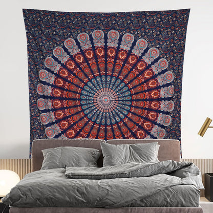 Bless International Handmade Indian hippie Bohemian Psychedelic Peacock Mandala Wall hanging College Dorm Beach Throws Table Cloth Bedding Tapestry (Golden Blue White, King(88x104Inches)(225x265Cms))