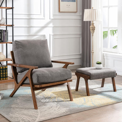 chairus 2 Sets Mid-Century Modern Accent Chairs with Ottoman, Linen Fabric Armchair with Wood Legs Comfy Upholstered Single Sofa Chair for Living Room/Bedroom/Lounge, Grey