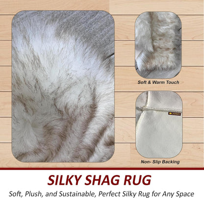 LAMBZY Faux Sheepskin Hypoallergenic Free Shape Silky Shag Rug, Luxury Shaggy Silky Plush Carpet for Bedrooms Rugs Living Rooms Sofa Floor Rugs (Octo 8 Pelts 6'x8', White/Brown Tips)
