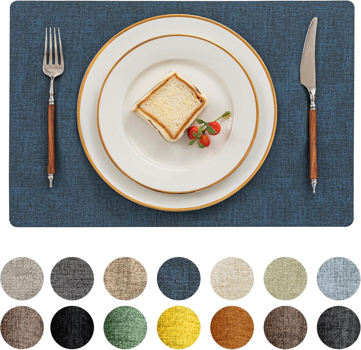 Romanstile Vinyl Placemats Set of 6-12 X 18 Inch - Heat Resistant Place Mats 100% Waterproof Oilproof Wipeable Reversible Faux Leather Table Mats for Kitchen/Dining/Party/Outdoor, Navy Blue