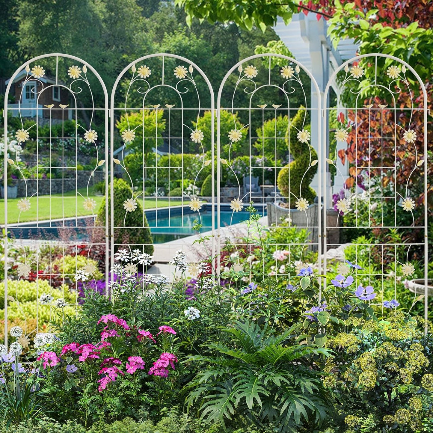 LZRS 4 Pack 71x20in Rustic Iron Arch Decoration Garden Trellis with Black Metal Coating – Perfect for Supporting Climbing Plants Outdoor, Roses, Vines, Flowers, and Vegetables.