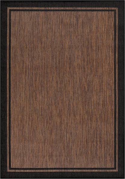 CAMILSON Indoor Outdoor Rug, 9x12 Bordered Nut Brown Black Modern Area Rugs for Indoor and Outdoor Patios, Kitchen and Hallway Mats, Washable Porch Deck Outside Carpet (Border Nut Brown Black, 9 x 12)