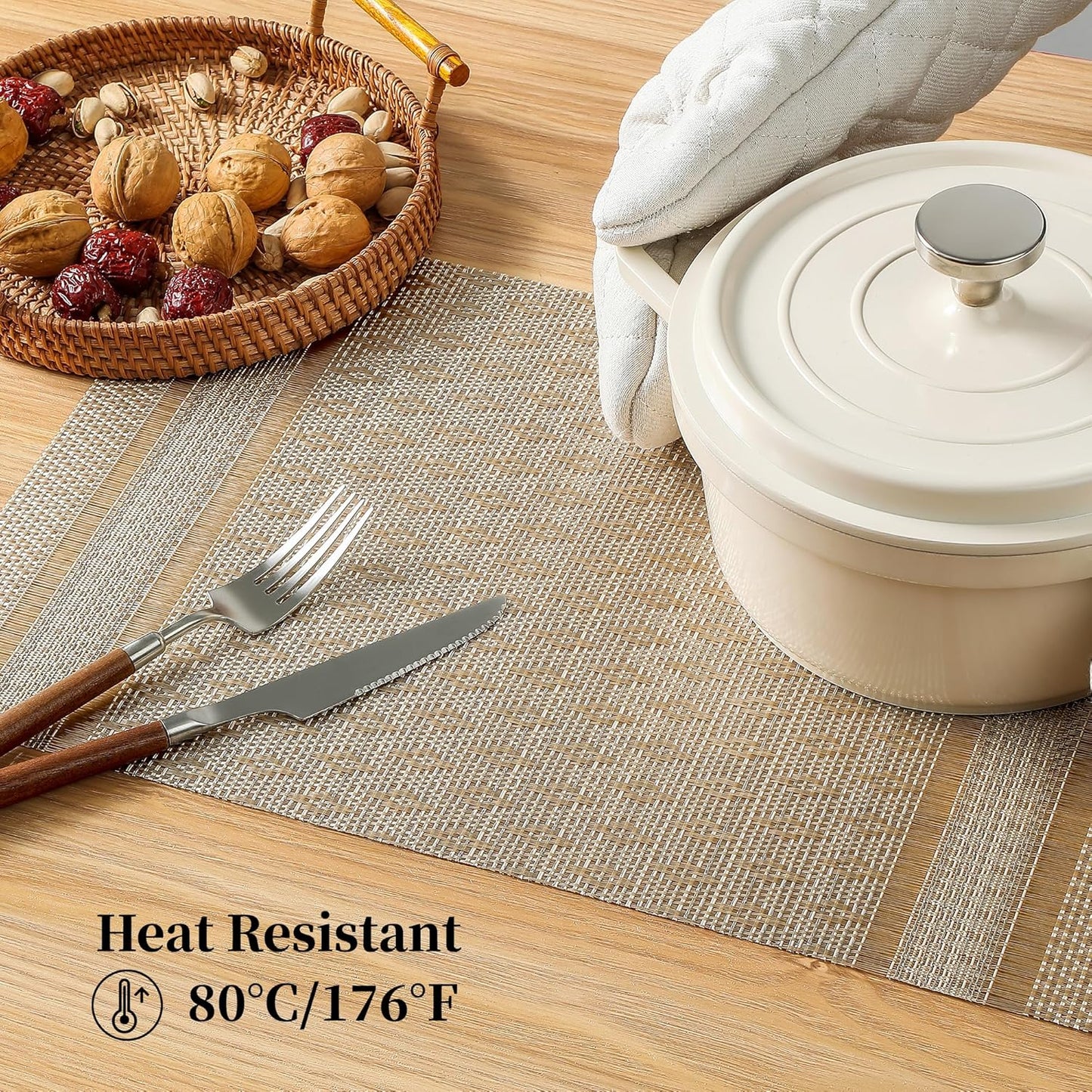 Leetaltree Stardust Yellow Placemats Set of 6 - Heat Resistant Non-Slip Place mats for Dining Table, Washable Durable PVC Vinyl Woven Table Mats（Stardust Yellow, 6）