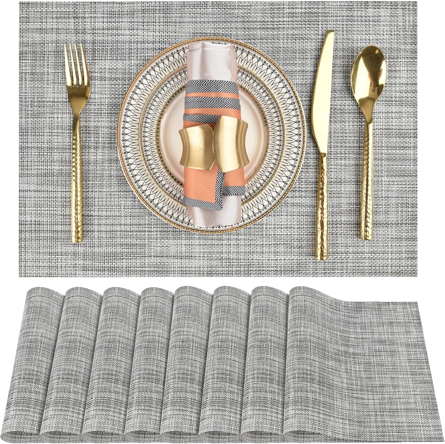 Placemats Set of 8 - Easy Clean Washable Vinyl Placemats - Wipeable Heat Resistant Table Mats for Dining Table - 17.7x11.8 Inch (8, Black & White Two-Tone)