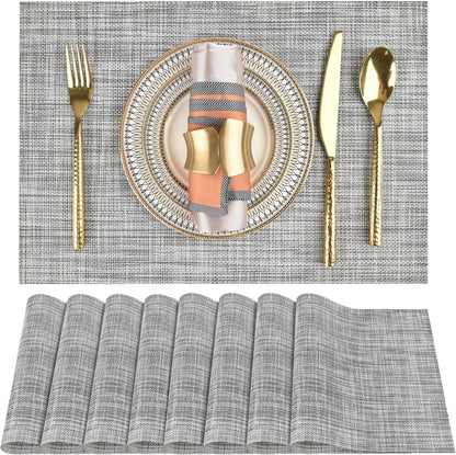 Placemats Set of 8 - Easy Clean Washable Vinyl Placemats - Wipeable Heat Resistant Table Mats for Dining Table - 17.7x11.8 Inch (8, Black & White Two-Tone)