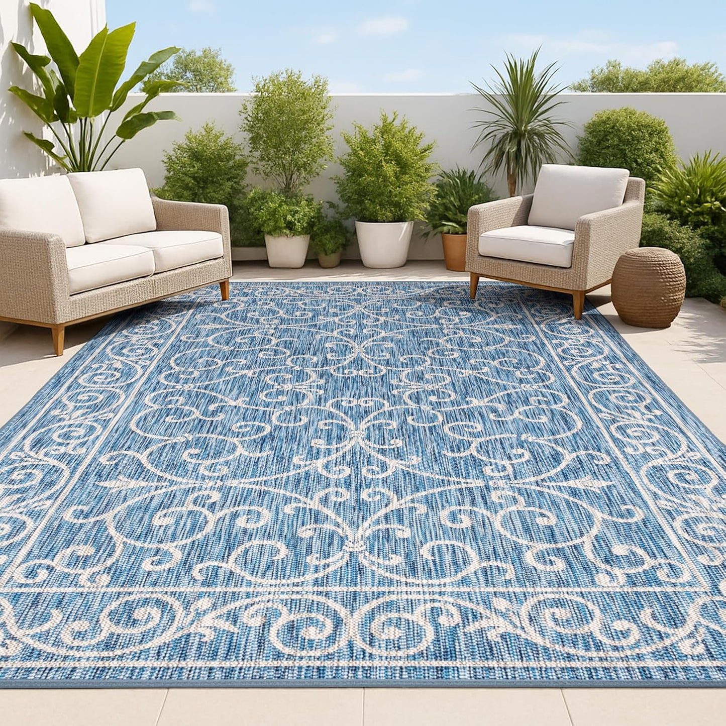JONATHAN Y Vintage Filigree Indoor Outdoor Area Rug 3X5 Navy/Gray, Charleston Textured Weave for Backyard, Patio, Porch, Easy-Cleaning, High Traffic, Pet-Friendly, Non-Shedding (SMB106D-3)