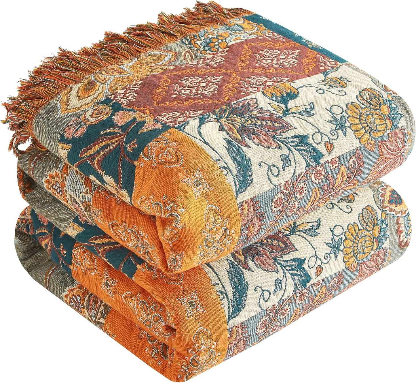 Boho Throw Blanket for Bed 90”x98”, 100% Cotton Woven Blanket for Couch Sofa, Ultra Soft 4-Layer Muslin Quilt with Patchwork Floral Printed, Farmhouse Bed Blanket/Cover for Living Room Decor