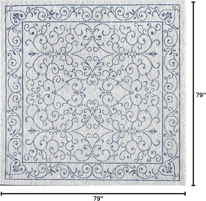 JONATHAN Y Vintage Filigree Indoor Outdoor Square Area Rug 6X6 Gray/Navy, Charleston Textured Weave for Backyard, Patio, Porch, Easy-Cleaning, High Traffic, Pet-Friendly, Non-Shedding (SMB106C-6SQ)