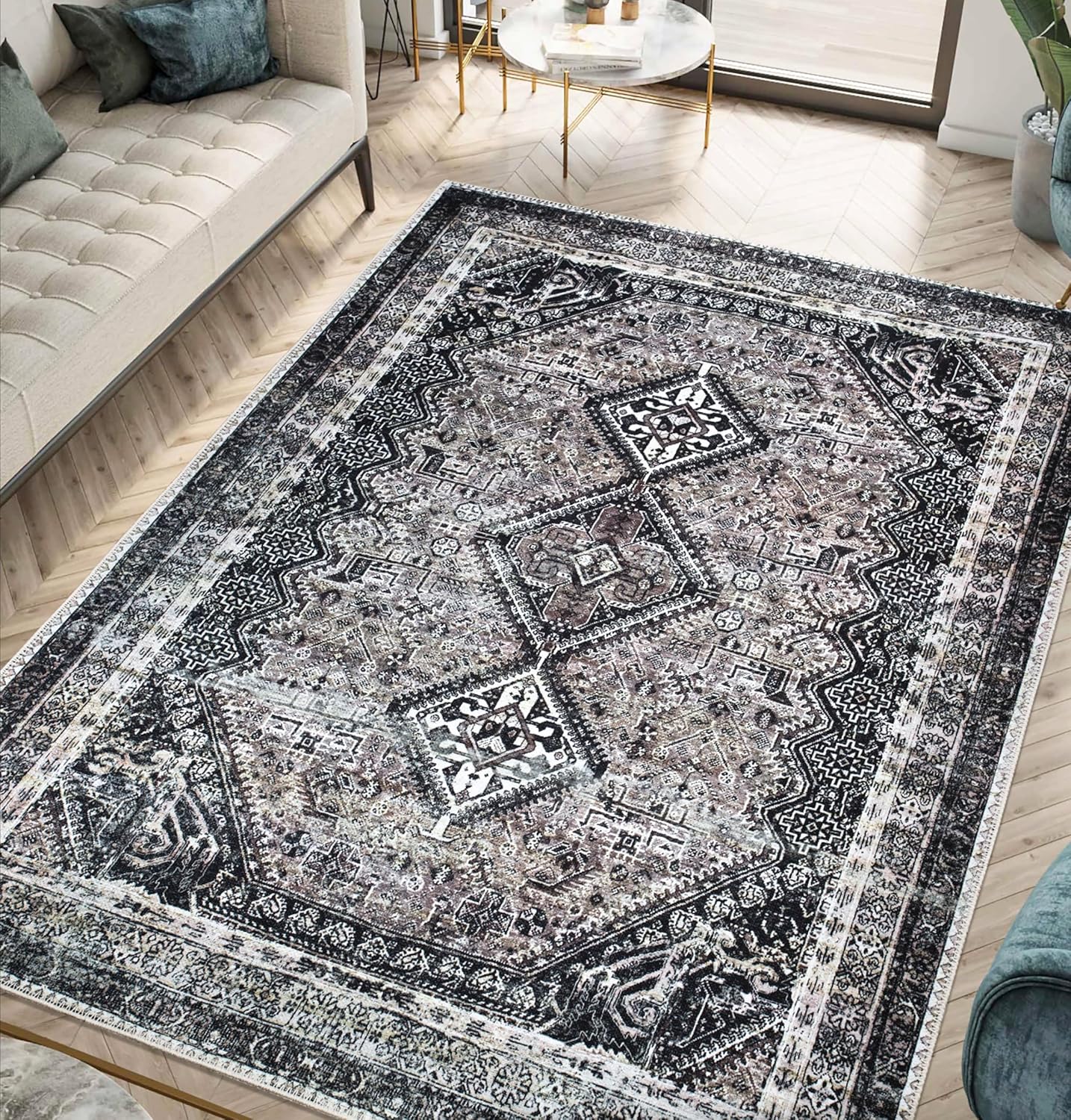 Keen Home Design 8x10 Rug - Machine Washable Area Rug with Non-Slip Backing, Ideal for Living Room, Dining Room, Bedroom - Vintage, Easy Clean, Durable, Low Pile Rug - (8' x 10')