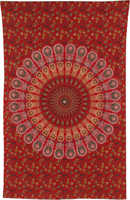 Bless International Handmade Indian hippie Bohemian Psychedelic Peacock Mandala Wall hanging College Dorm Beach Throws Table Cloth Bedding Tapestry (Golden Red, Medium(54x60Inches)(137x152cms))