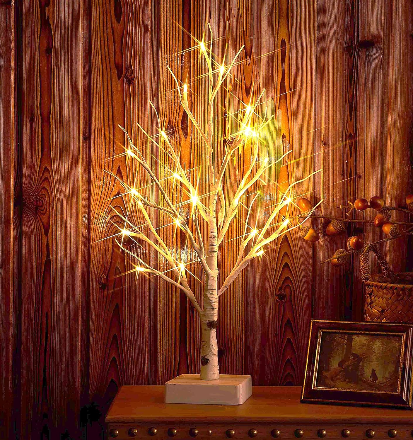 Hairui Lighted Easter Tree with Timer, Tabletop Birch Tree with Lights 18IN 24 LED for Fireplace, Mantle Party Decoration