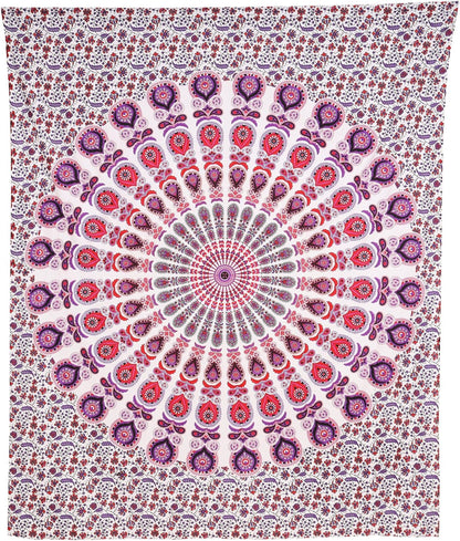 Bless International Handmade Indian hippie Bohemian Psychedelic Peacock Mandala Wall hanging College Dorm Beach Throws Table Cloth Bedding Tapestry (Pink Blue, King(88x104Inches)(225x265Cms))