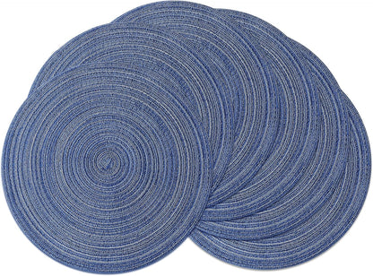 Leetaltree Round Placemats Heat and Slip Resistant Cotton Table Mats, Washable Bohemian Placemats for Dining Tables (Denim Blue, Set of 6)