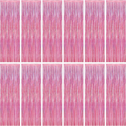 12 Pack Pink Backdrop, 3.28 FT x 7.05 FT Foil Streamers, Metallic Glitter Backdrop Pink Tinsel Fringe Curtains Party Streamers, Pink Birthday Party Decorations Photo Booth Props