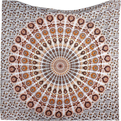 Bless International Handmade Indian hippie Bohemian Psychedelic Peacock Mandala Wall hanging College Dorm Beach Throws Table Cloth Bedding Tapestry (Orange Brown, King(88x104Inches)(225x265Cms))