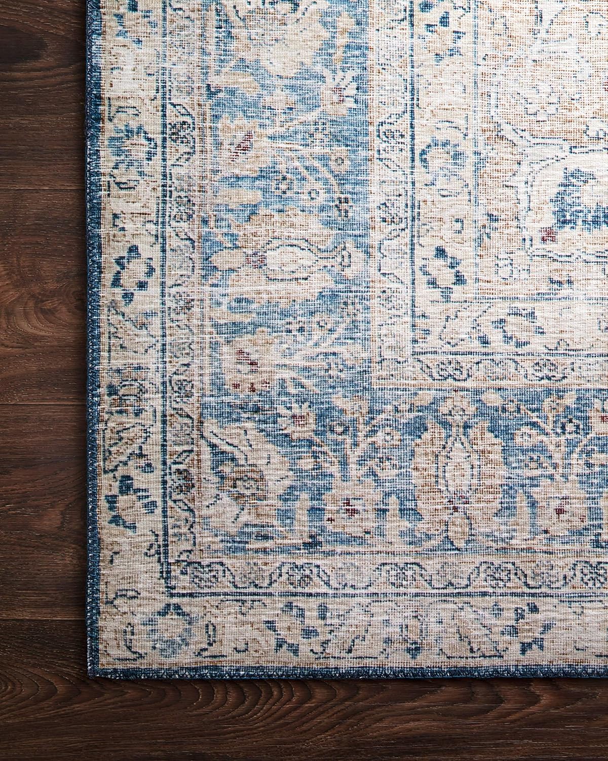 Loloi Layla Collection LAY-07 Blue/Tangerine 2'-6" x 7'-6" .13" Thick Runner Rug, Soft, Durable, Vintage Inspired, Distressed, Low Pile, Non-Shedding, Easy Clean, Printed, Living Room Rug