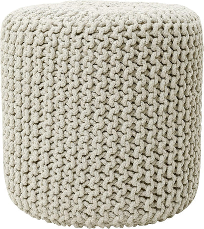 REDEARTH Cylindrical Hand Knitted Pouf - Foot Stool Ottoman - Cord Boho Pouffe - Cotton Round Poof for Home Decor - Living Room - Nursery - Bedroom - Patio (16" x 16" x 16") - Ivory
