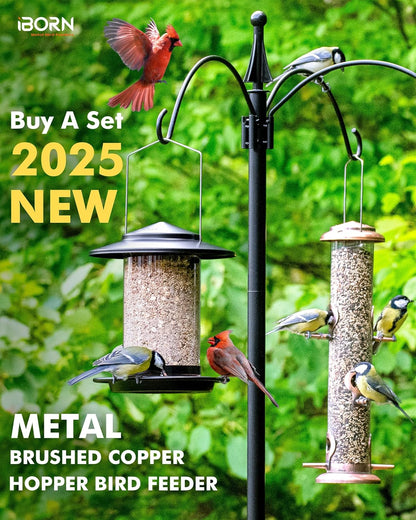 iBorn Metal Bird Feeders for Outdoors Hanging,Wild Bird Feeders for Cardinal,18cm Large Roof&Tray Black 6 Port (Seed is not Included)