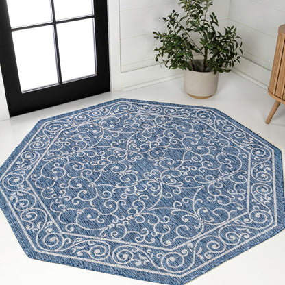 JONATHAN Y Vintage Filigree Indoor Outdoor Octagon Area Rug 8 Ft Navy/Gray, Charleston Textured