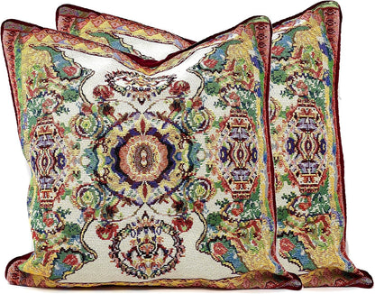 Tache Rococo Elegant Ornate Ivory Colorful Paisley Cotton Linen 18x18 Tapestry Woven Cushion Throw Pillow Cover 2 Pieces