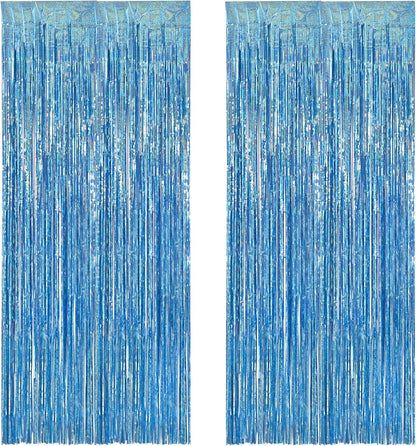 BRAVESHINE Light Blue Tinsel Foil Fringe Curtains - 2Pcs 3.2x8.2 ft Metallic Holiday Photo Booth Backdrop for Easter Birthdays Mermaid Frozen Sea Bachelorette Party Streamers Decorations