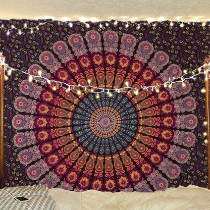 Bless International Handmade Indian hippie Bohemian Psychedelic Peacock Mandala Wall hanging College Dorm Beach Throws Table Cloth Bedding Tapestry (Golden Pink Blue, King(88x104Inches)(225x265Cms))