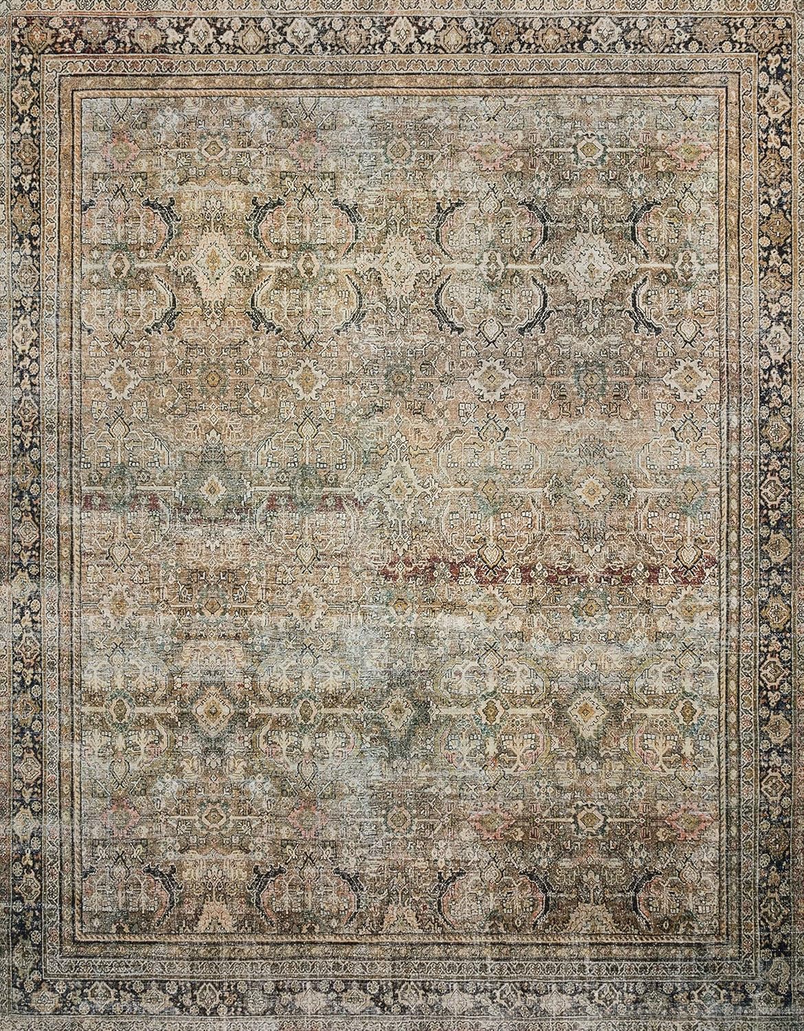 Loloi Layla Collection LAY-03 Olive/Charcoal 5'-0" x 7'-6" .13" Thick Area Rug, Soft, Durable, Vintage Inspired, Distressed, Low Pile, Non-Shedding, Easy Clean, Printed, Living Room Rug