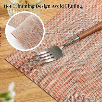 Leetaltree Coral Placemats Set of 12 - Heat Resistant Non-Slip Place mats for Dining Table, Washable Durable PVC Vinyl Woven Table Mats（Coral, 12）