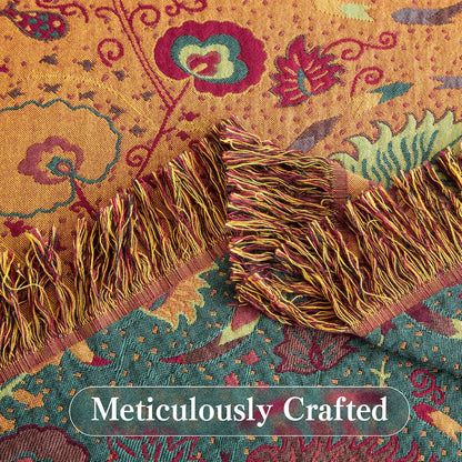 Boho Throw Blanket Twin Size, Soft Cozy Cotton Muslin Quilt Blanket for Bed Decor, Floral Patterned Couch Sofa Chair Cover, Vintage Farmhouse Cottage Tapestry Woven Blanket, Green&Orange