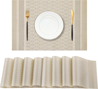 Leetaltree Stardust Yellow Placemats Set of 8 - Heat Resistant Non-Slip Place mats for Dining Table, Washable Durable PVC Vinyl Woven Table Mats（Stardust Yellow, 8）
