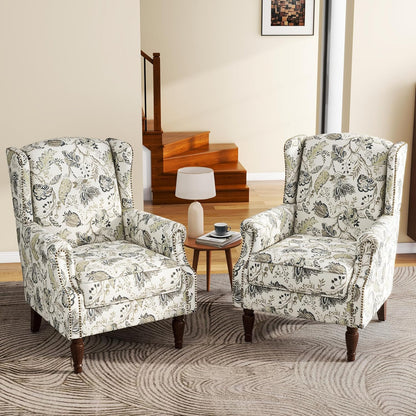 UIXE High Back Floral Accent Chairs Set of 2, Upholstered Armchair in Fabric, Retro Printed Wingback Arm Chair for Living Room, Nailhead Trim Single Sofa Bedroom Reading Seat - Plants Beige