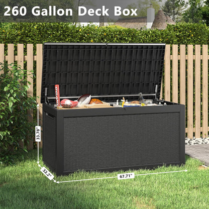 260 Gallon Resin Deck Box, Large Indoor and Outdoor Storage Box, Weatherproof and UV Resistant Outdoor Storage Box with Built-in Steel Beams for Patio Cushions, Pool Supplies