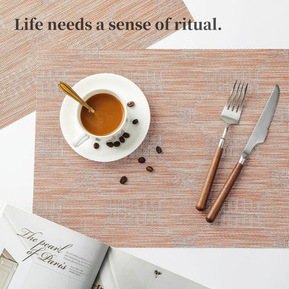 Leetaltree Coral Placemats Set of 12 - Heat Resistant Non-Slip Place mats for Dining Table, Washable Durable PVC Vinyl Woven Table Mats（Coral, 12）