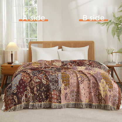 Boho Throw Blanket for Bed 60”x80”, 100% Cotton Woven Blanket for Couch Sofa, Ultra Soft 4-Layer Muslin Quilt with Patchwork Floral Printed, Farmhouse Bed Blanket/Cover for Living Room Decor