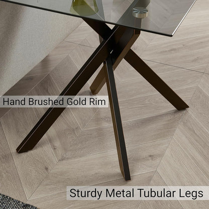 Modern Style Square Side Table with Grey Tempered Glass Top and Black Metal Tubular Legs with Gold Rim 20”Dx20”Wx22”H