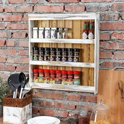 MyGift 3 Tier Wall Mounted Spice Rack, Shabby White Washed and Rustic Natural Burnt Solid Wood Kitchen Pantry Storage Shelf for Seasoning Jars or Condiment Bottles