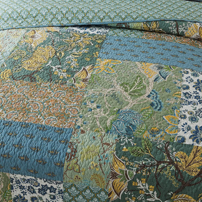 NEWLAKE Cotton Patchwork Bedspread, 3-Piece Bedding Quilt Set with Real Stitched Embroidery, Reversible Matelasse Bed Coverlet Set,Green Farmhouse Garden,Queen Size