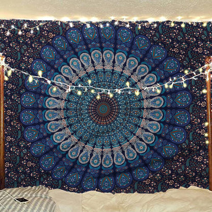 Bless International Handmade Indian hippie Bohemian Psychedelic Peacock Mandala Wall hanging College Dorm Beach Throws Table Cloth Bedding Tapestry (Blue Green, Medium(54x60Inches)(137x152cms))