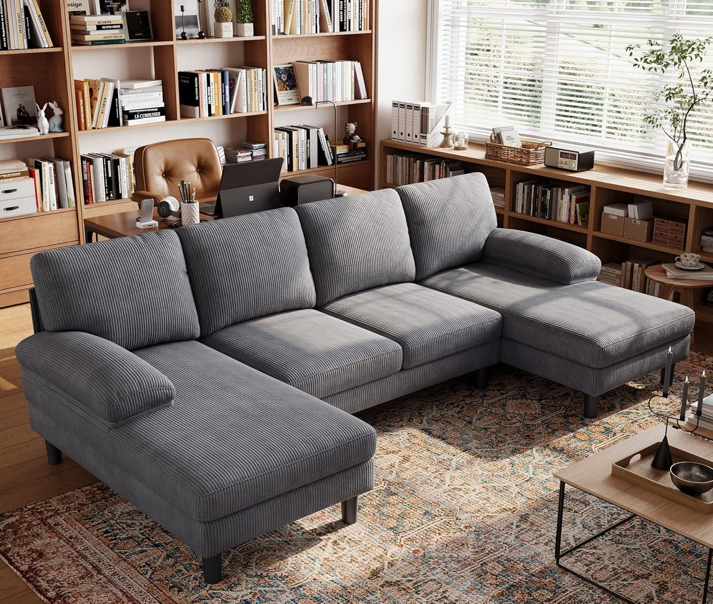 LINSY HOME Sectional Couch, 111'' W Corduroy U Shaped Sofa with Sleepable Armrests, 4 Seat Couch with Double Chaises, Deep Sofa for Living Room, Grey