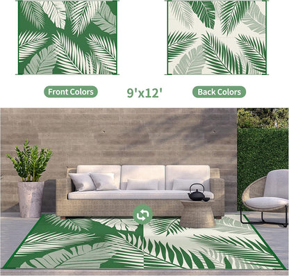 GENIMO Outdoor Rug 9' x 12' Waterproof for Patios Clearance, Reversible Outdoor Plastic Straw Camping Rug Carpet, Large Area Rugs Mats for RV, Picnic, Backyard, Deck, Balcony, Porch, Dark Green&White
