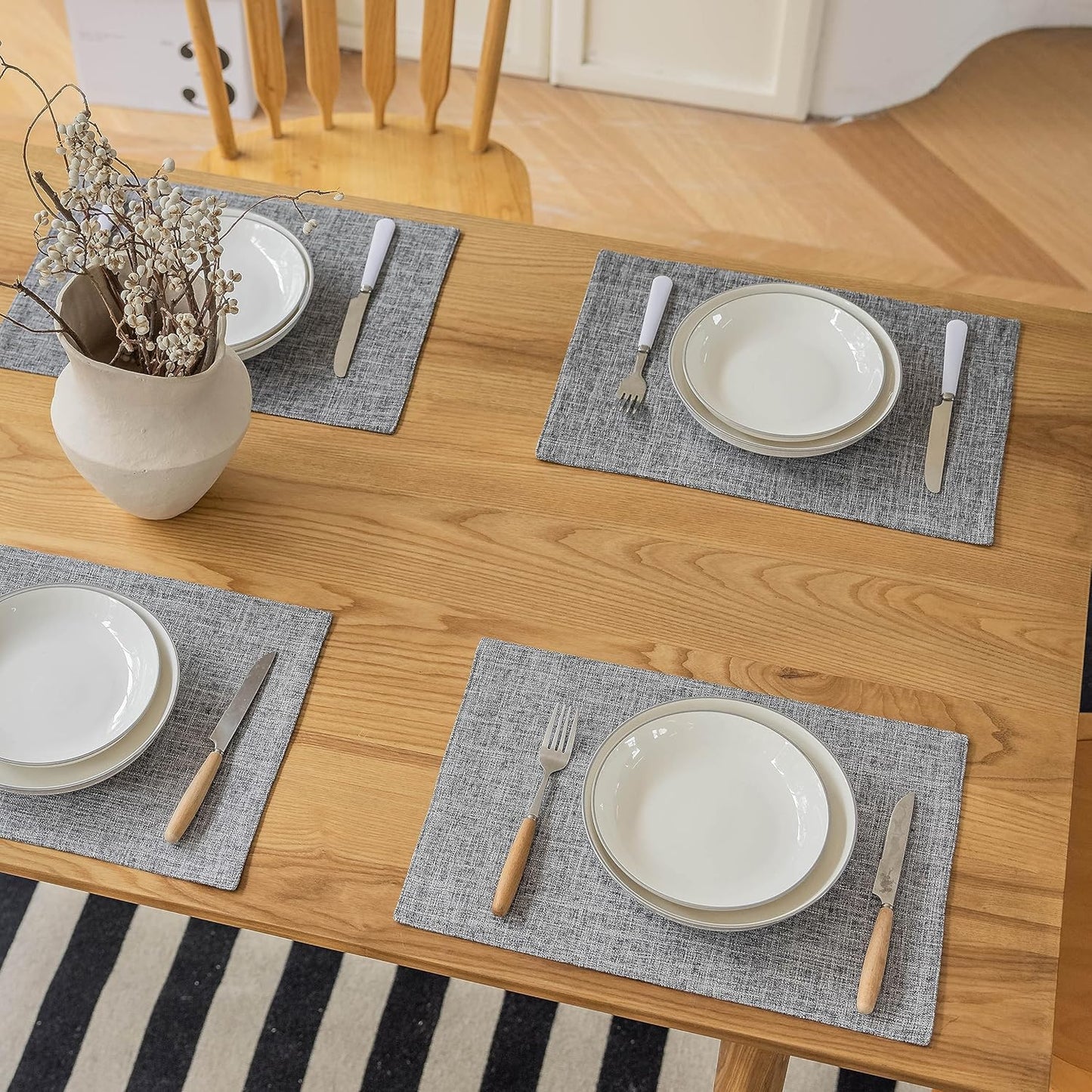 Demetex Grey Placemats Set of 4 Farmhouse Heat Resistant Linen Table Place Mats Washable Cloth Plate Mats for Party Picnic Buffet, Ash Grey