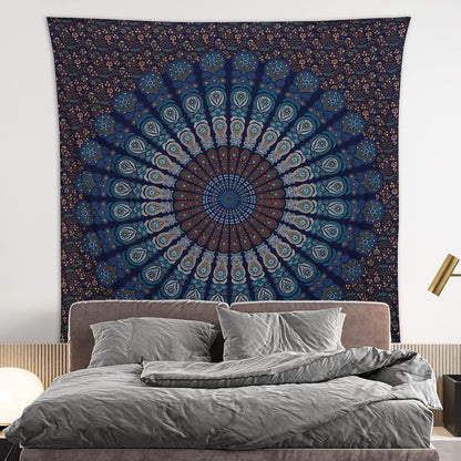 Bless International Handmade Indian hippie Bohemian Psychedelic Peacock Mandala Wall hanging College Dorm Beach Throws Table Cloth Bedding Tapestry (Blue Green, King(88x104Inches)(225x265Cms))