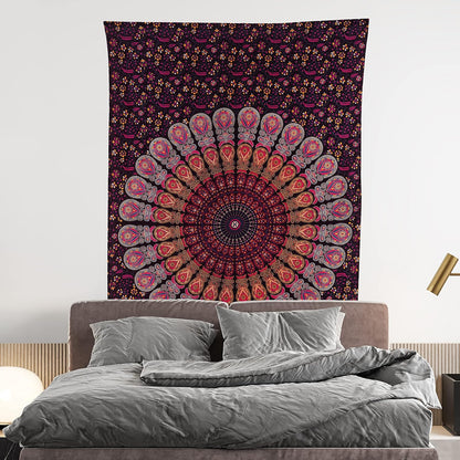 Bless International Handmade Indian hippie Bohemian Psychedelic Peacock Mandala Wall hanging College Dorm Beach Throws Table Cloth Bedding Tapestry (Golden Pink Blue, Twin(54x72Inches)(140x185cms))