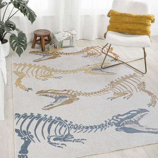 JONATHAN Y Machine-Washable Cream/Multi Indoor Area Rug, 3x5, Kingdarr T-Rex Modern, Casual, Kids & Novelty for Living Room, Dining Room, Bedroom, Kitchen Easy-Cleaning, Non-Shedding (KDW103A-3)