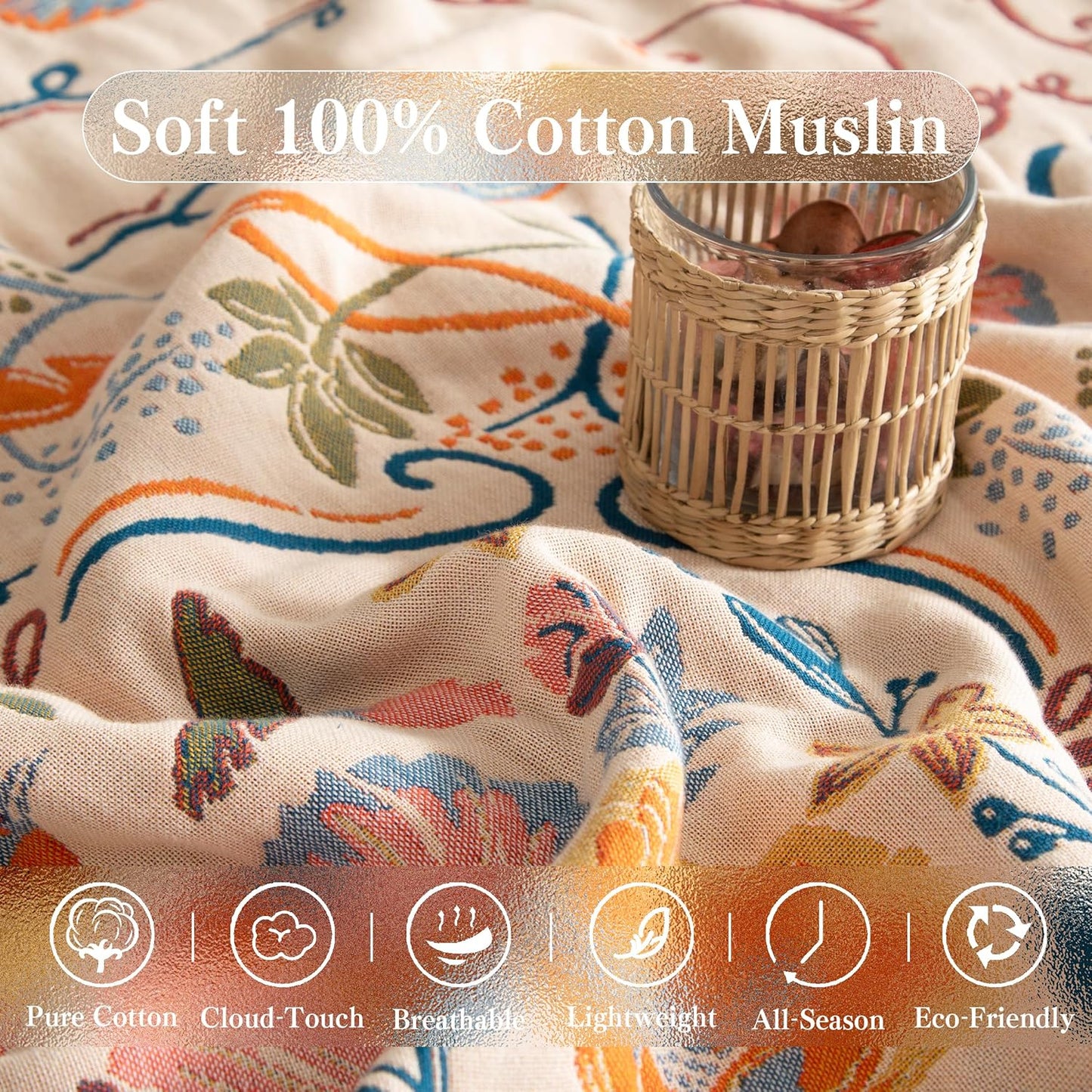 Boho Throw Blanket Twin Size, Soft Cozy Cotton Muslin Quilt Blanket for Bed Decor, Floral Patterned Couch Sofa Chair Cover, Vintage Farmhouse Cottage Tapestry Woven Blanket, Yellow&Blue