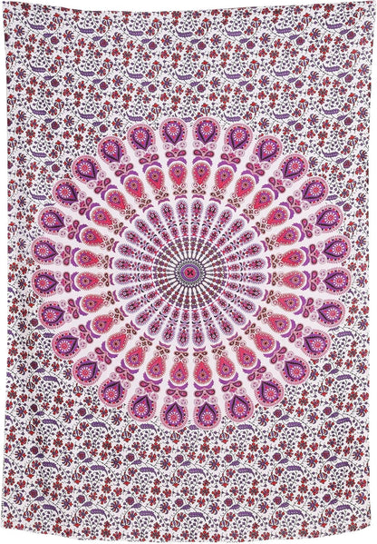 Bless International Handmade Indian hippie Bohemian Psychedelic Peacock Mandala Wall hanging College Dorm Beach Throws Table Cloth Bedding Tapestry (Pink Blue, Twin(54x72Inches)(140x185cms))