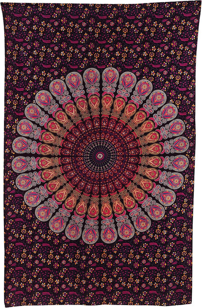 Bless International Handmade Indian hippie Bohemian Psychedelic Peacock Mandala Wall hanging College Dorm Beach Throws Table Cloth Bedding Tapestry (Golden Pink Blue, Medium(54x60Inches)(137x152cms))