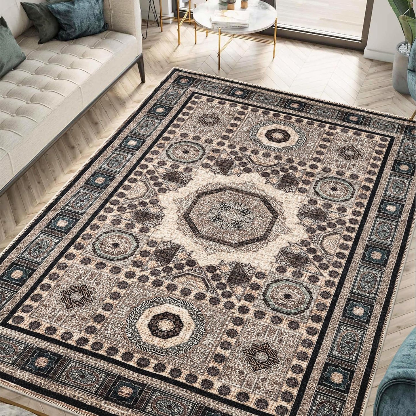 Keen Home Design 5x7 Rug - Machine Washable Area Rug with Non-Slip Backing, Ideal for Living Room, Dining Room, Bedroom - Vintage, Easy Clean, Durable, Low Pile Rug - (5' x 7')