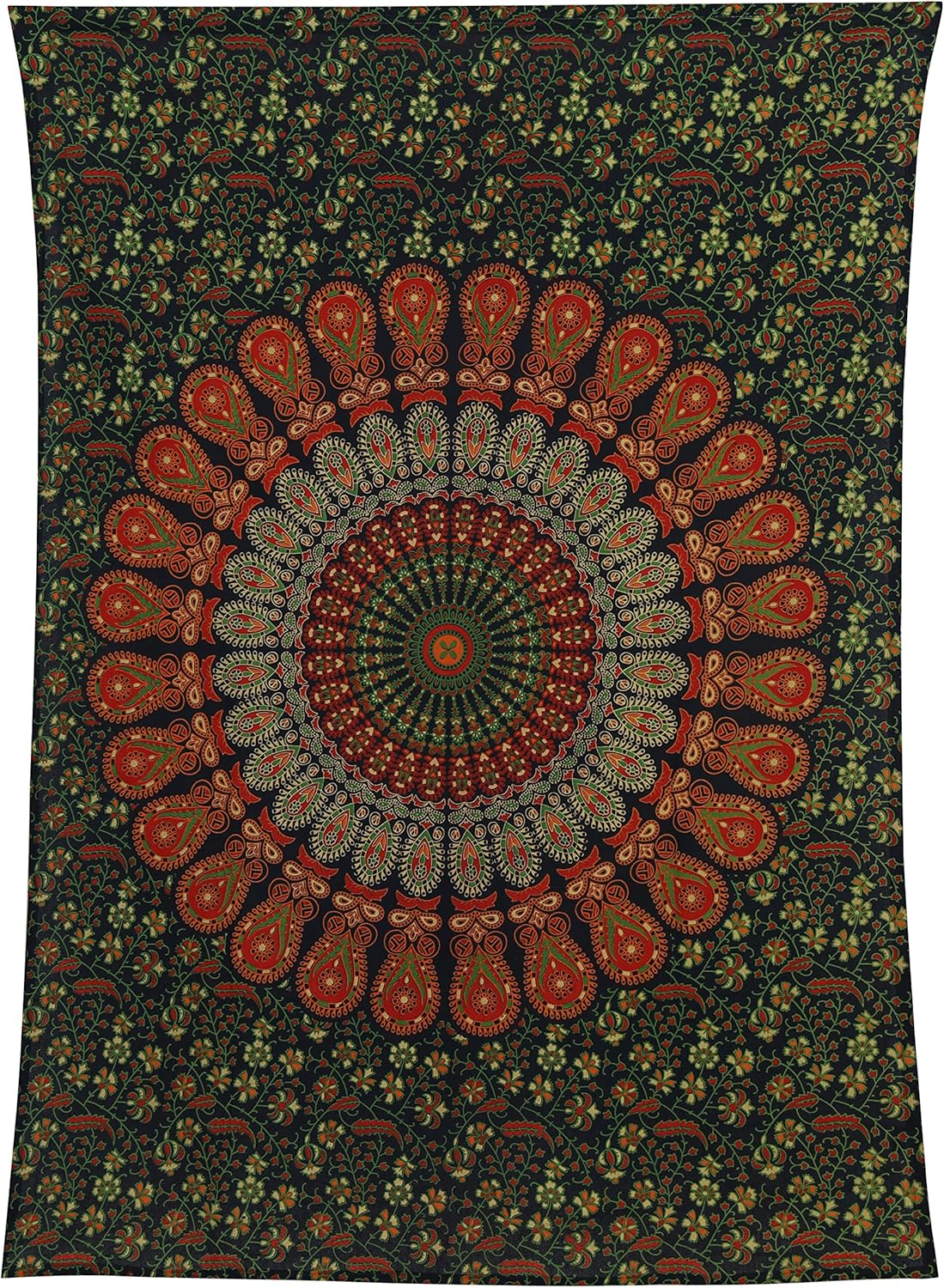 Bless International Handmade Indian hippie Bohemian Psychedelic Peacock Mandala Wall hanging College Dorm Beach Throws Table Cloth Bedding Tapestry (Golden Green, Poster(30x40Inches)(76x101cms))