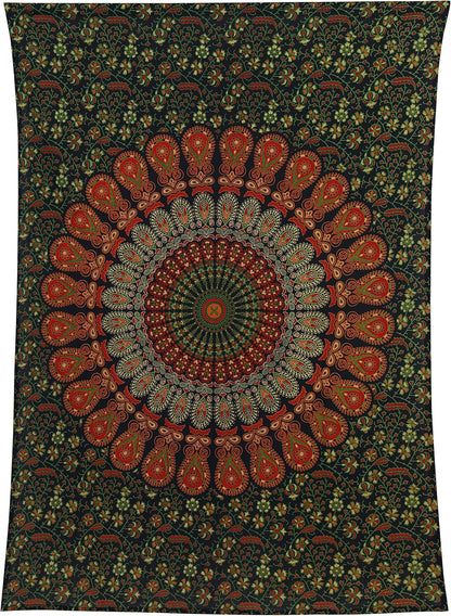 Bless International Handmade Indian hippie Bohemian Psychedelic Peacock Mandala Wall hanging College Dorm Beach Throws Table Cloth Bedding Tapestry (Golden Green, Poster(30x40Inches)(76x101cms))